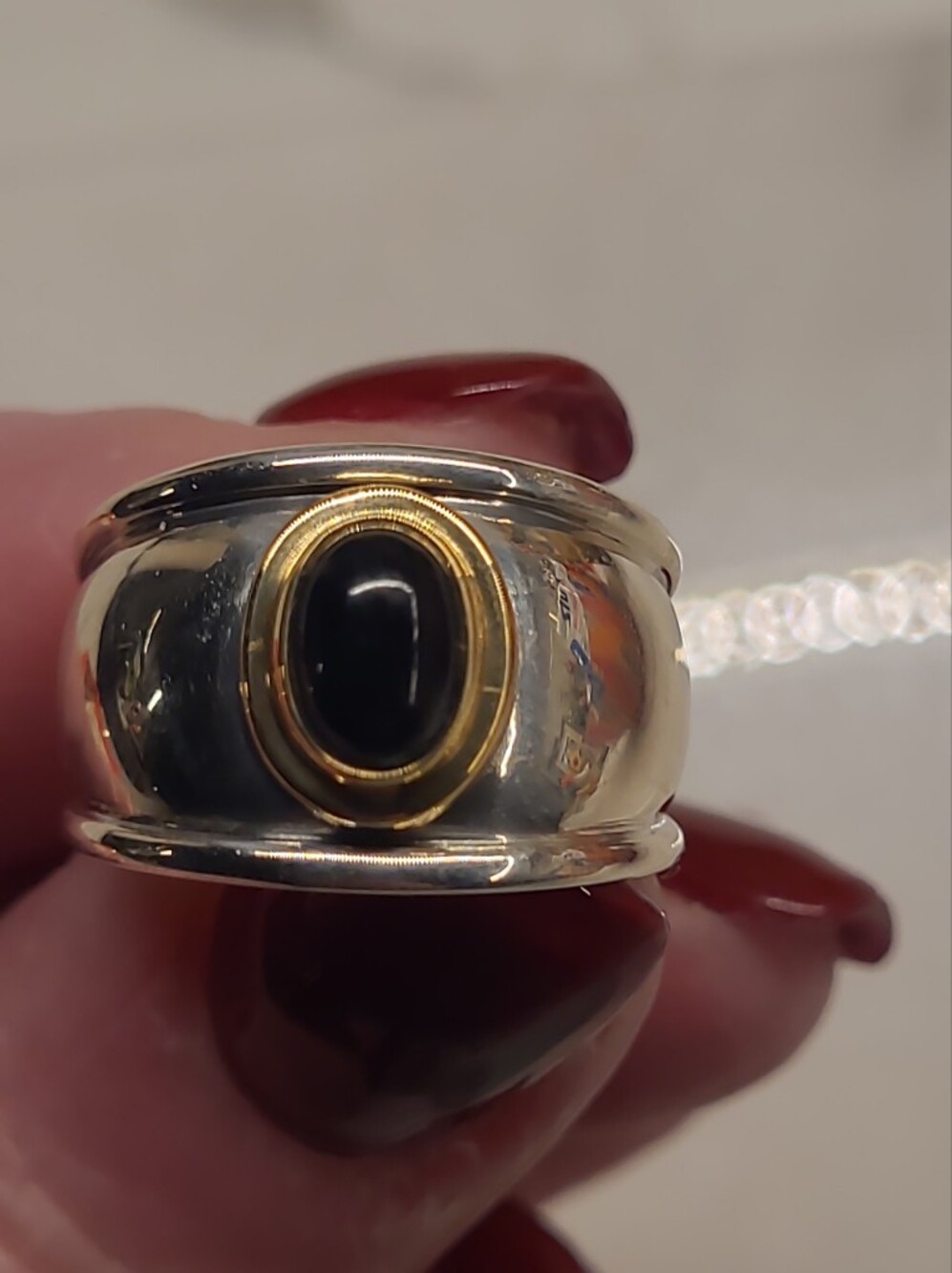 Sterling Silver Wide Band Ring with Black Onyx and Gold Accent